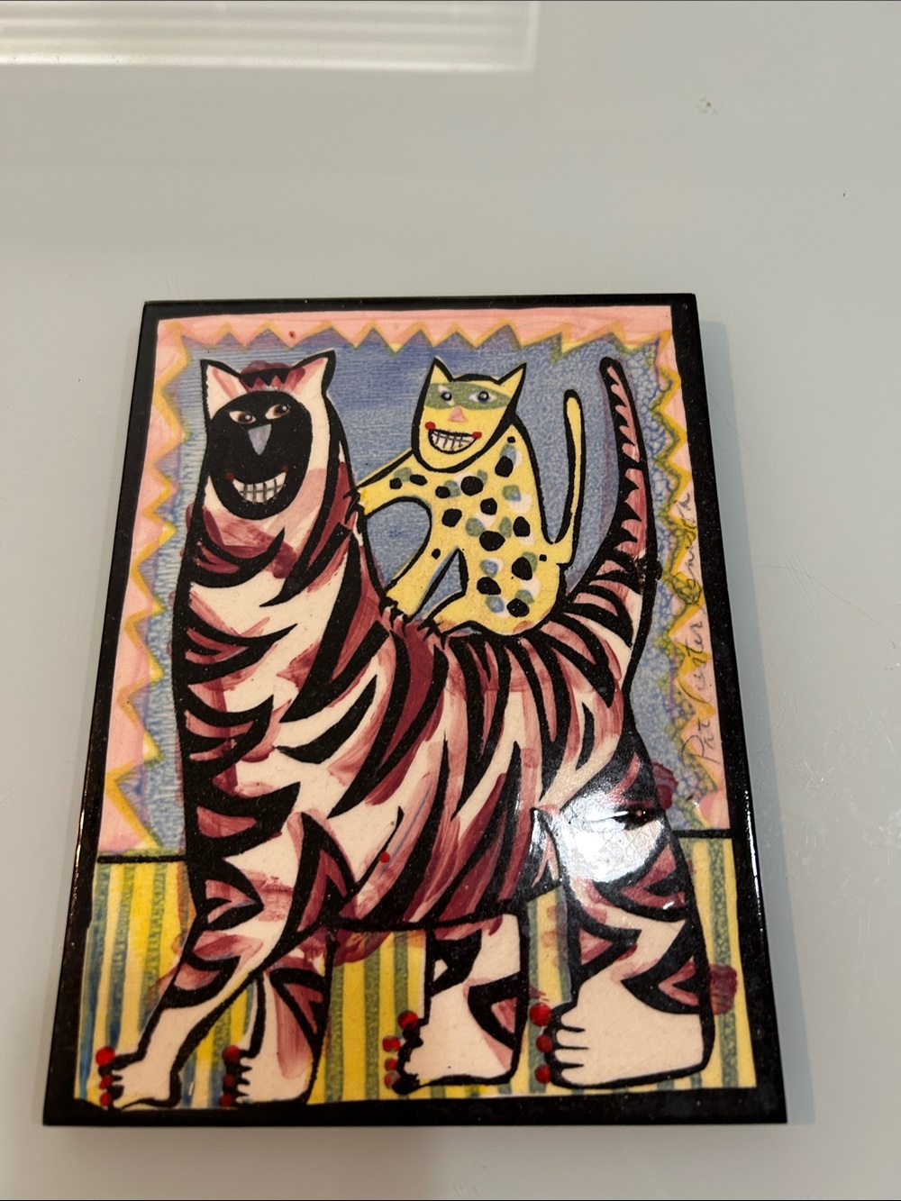 Whimsical ceramic Cats Tile Plaque by tile artisan Pat Custer